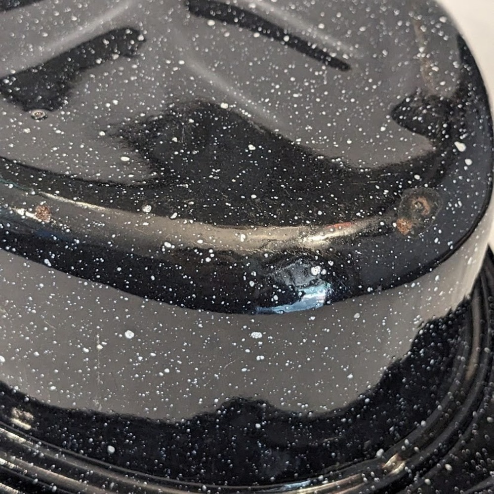Vintage Graniteware Roasting Pan Black White Speckled Enamelware Oval Lidded 13" - Picture 8 of 11